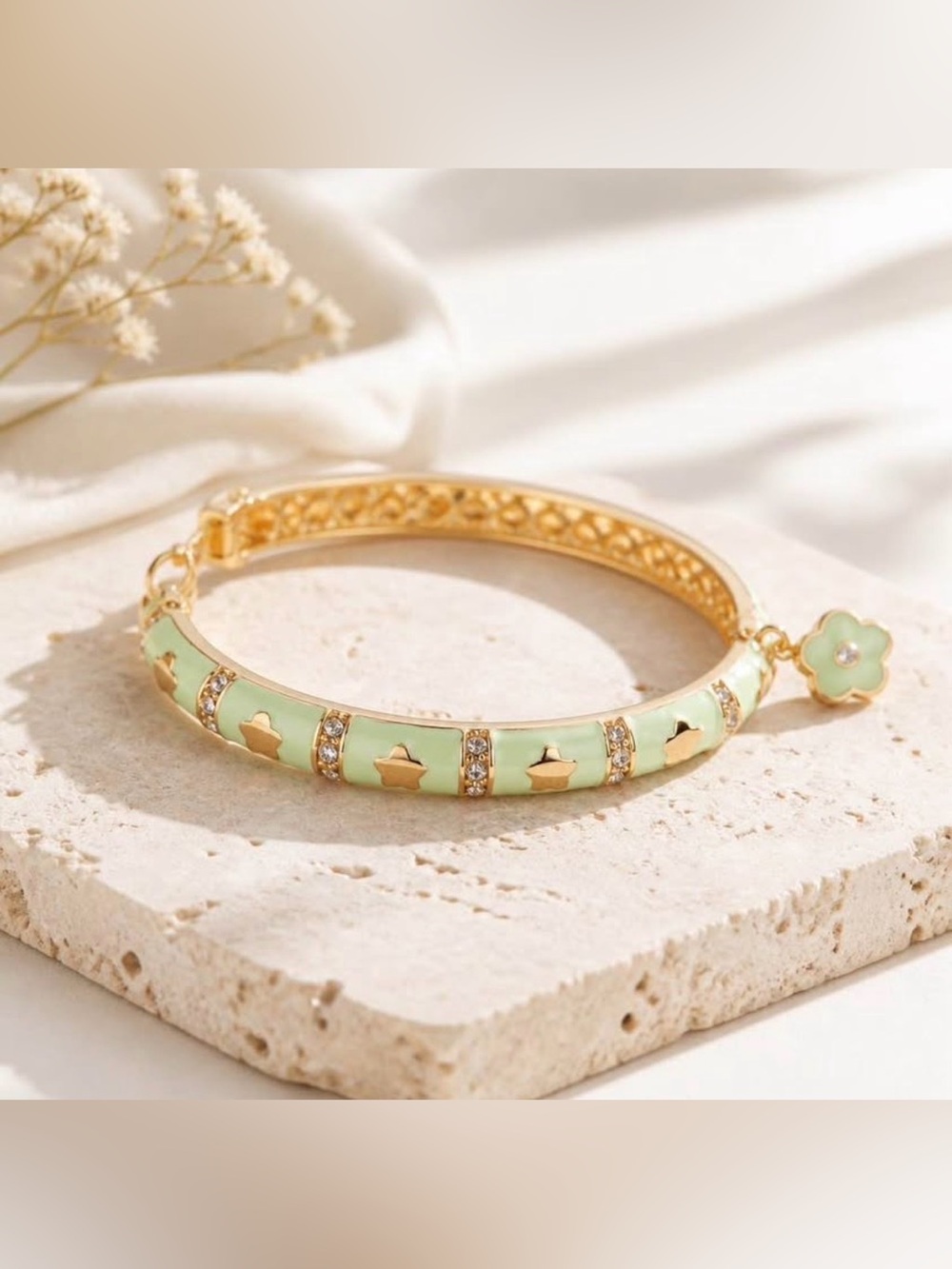 Gold & Light Green Enamel Bangle with Floral Charm Accent